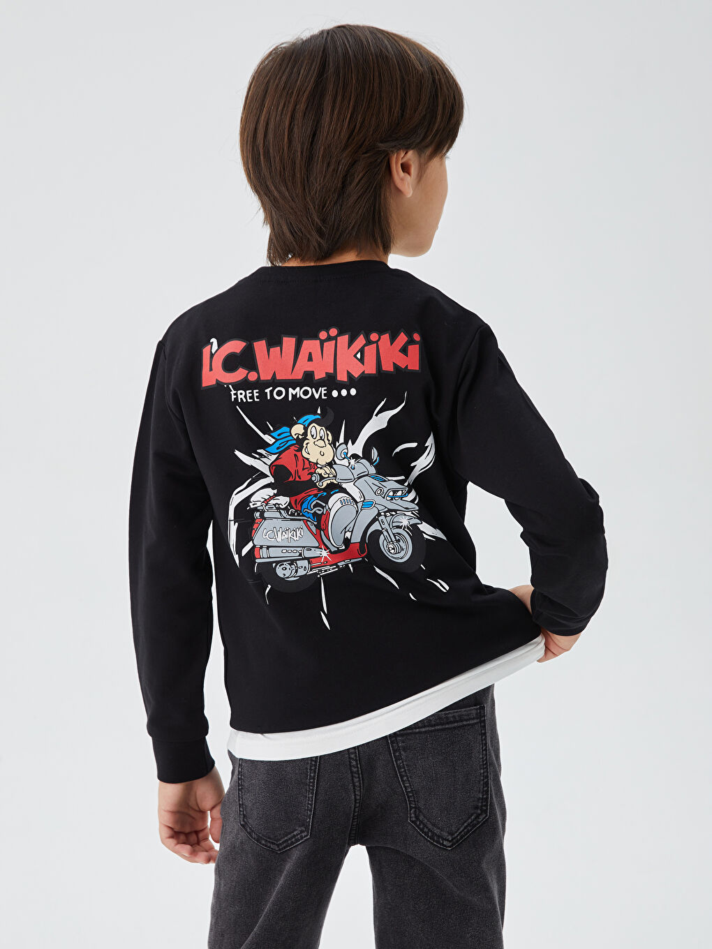 LCW Kids Yeni Siyah Bisiklet Yaka Nostaljik Maymun Baskılı Uzun Kollu Erkek Çocuk Sweatshirt - 2