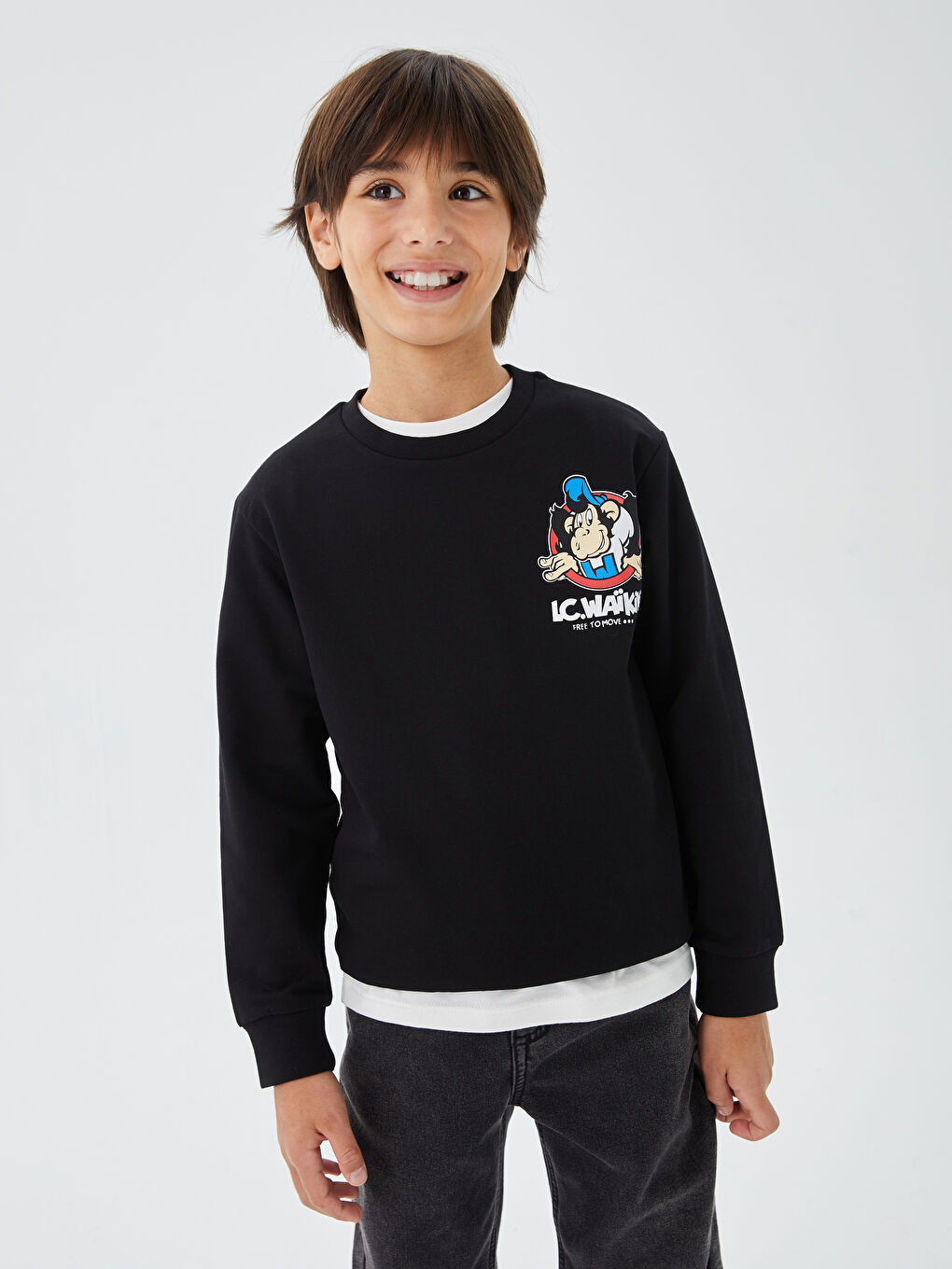 LCW Kids Yeni Siyah Bisiklet Yaka Nostaljik Maymun Baskılı Uzun Kollu Erkek Çocuk Sweatshirt - 6