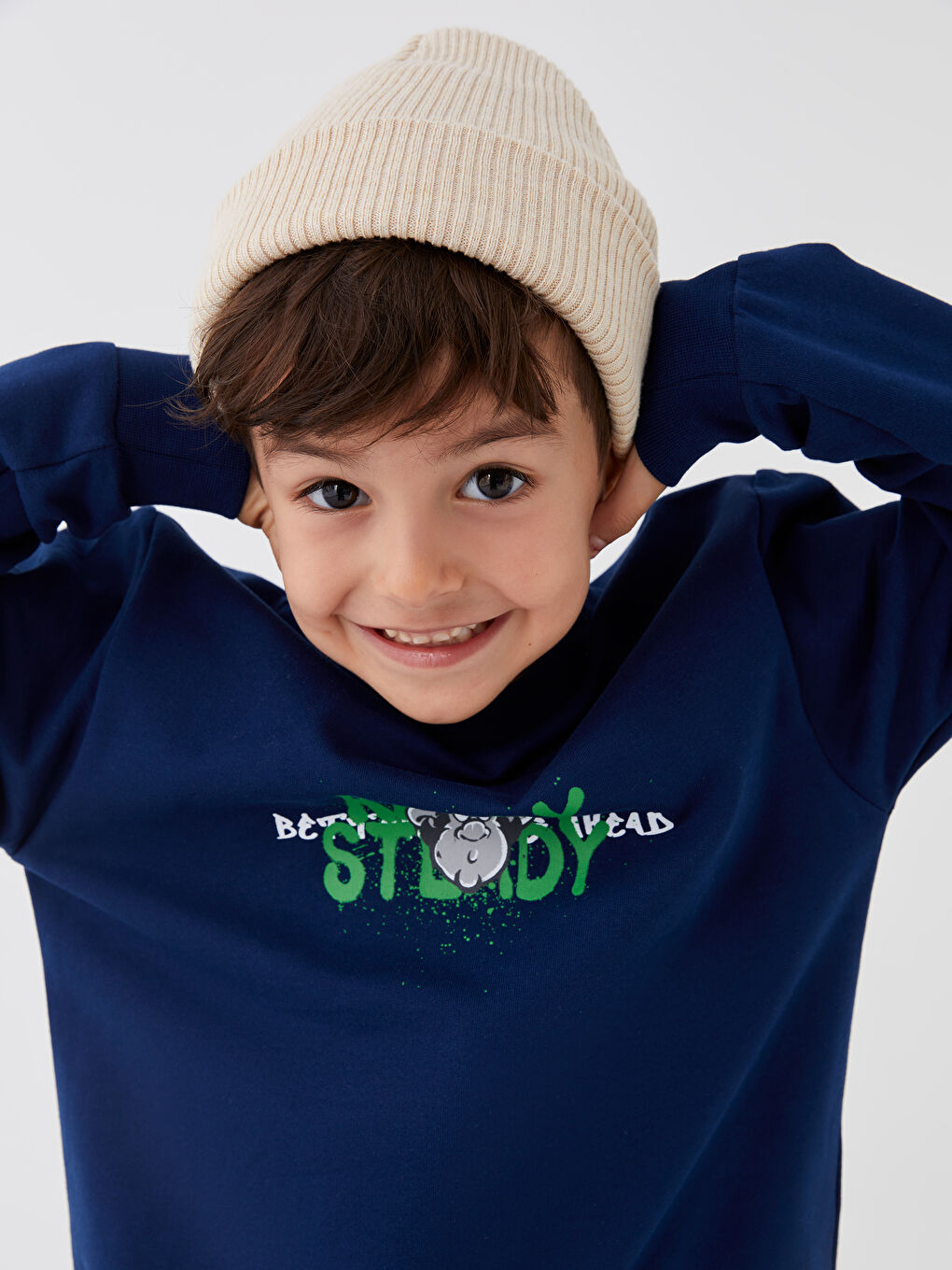 LCW Kids Lacivert Bisiklet Yaka Nostaljik Maymun Baskılı Uzun Kollu Erkek Çocuk Sweatshirt - 5