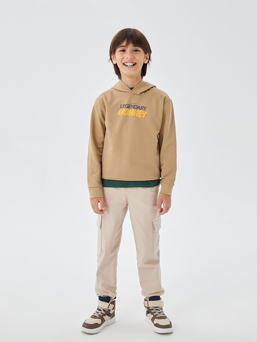 LCW Kids Koyu Bej Nostaljik Maymun Baskılı Uzun Kollu Erkek Çocuk Hoodie - 2