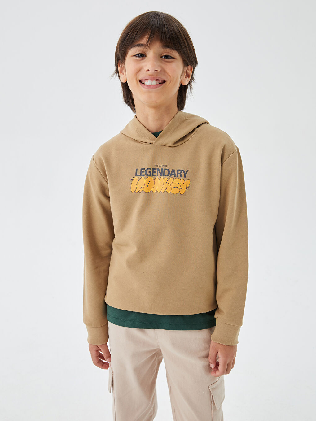 LCW Kids Koyu Bej Nostaljik Maymun Baskılı Uzun Kollu Erkek Çocuk Hoodie - 3