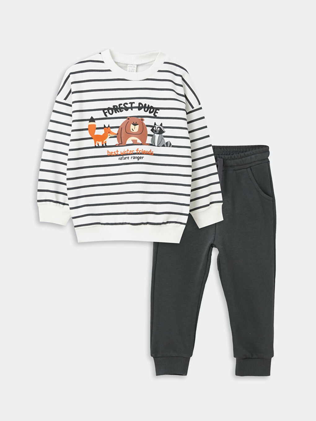 Ekru Bisiklet Yaka Uzun Kollu Erkek Bebek Sweatshirt ve Eşofman Alt 2'li Takım