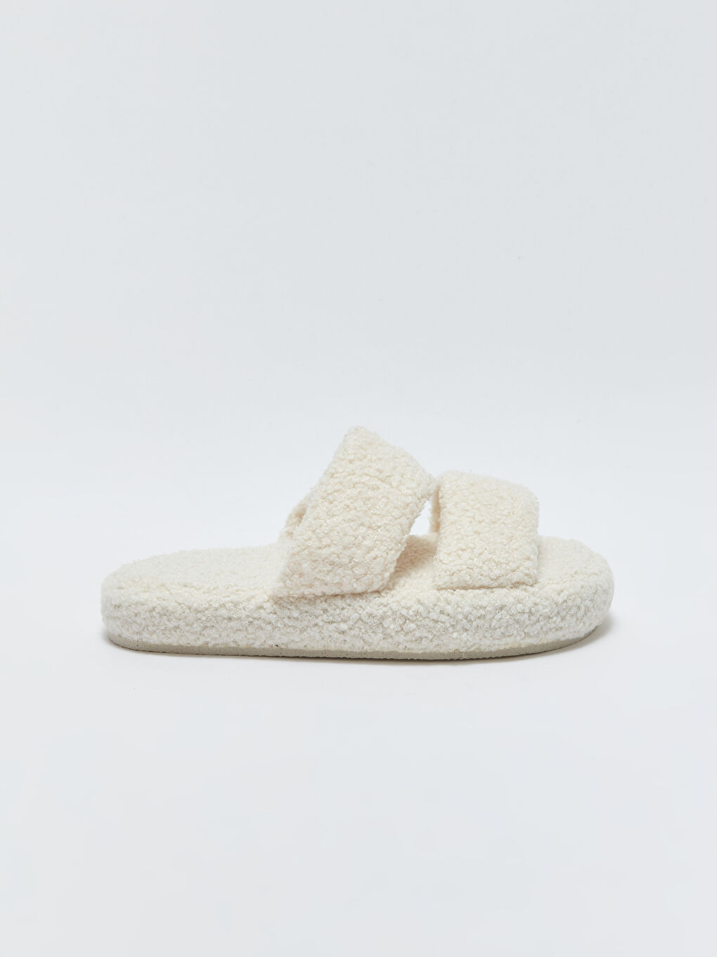 Ekru Çift Bantlı Pelüş Kadın Ev Terliği-1