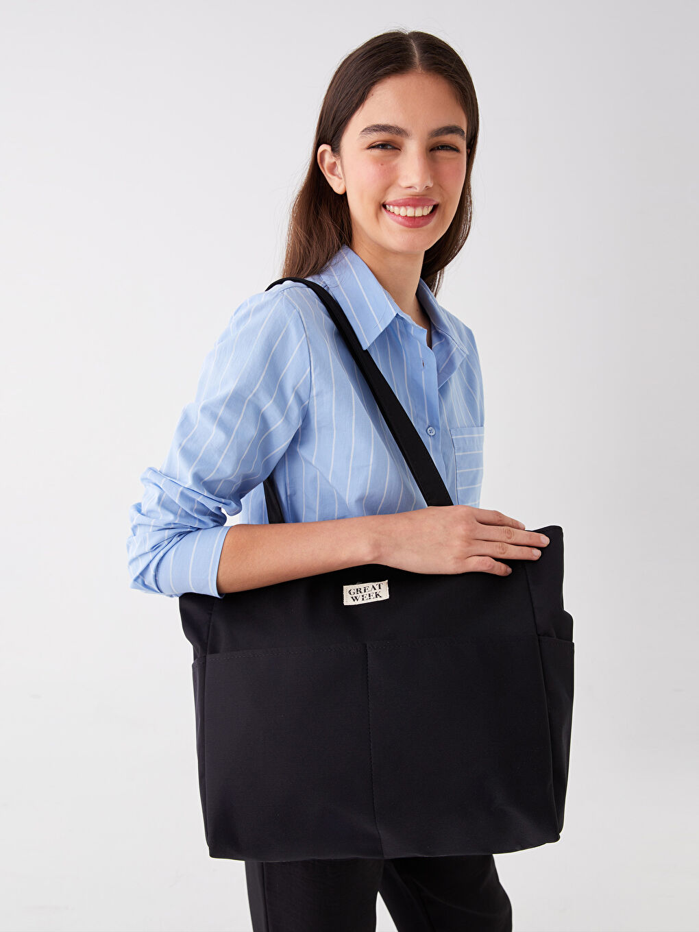 Siyah Deri Görünümlü Kadın Tote Çanta