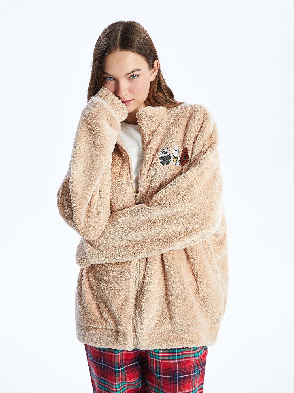 High Collar Embroidered Long Sleeve Zipper Sweatshirt-1