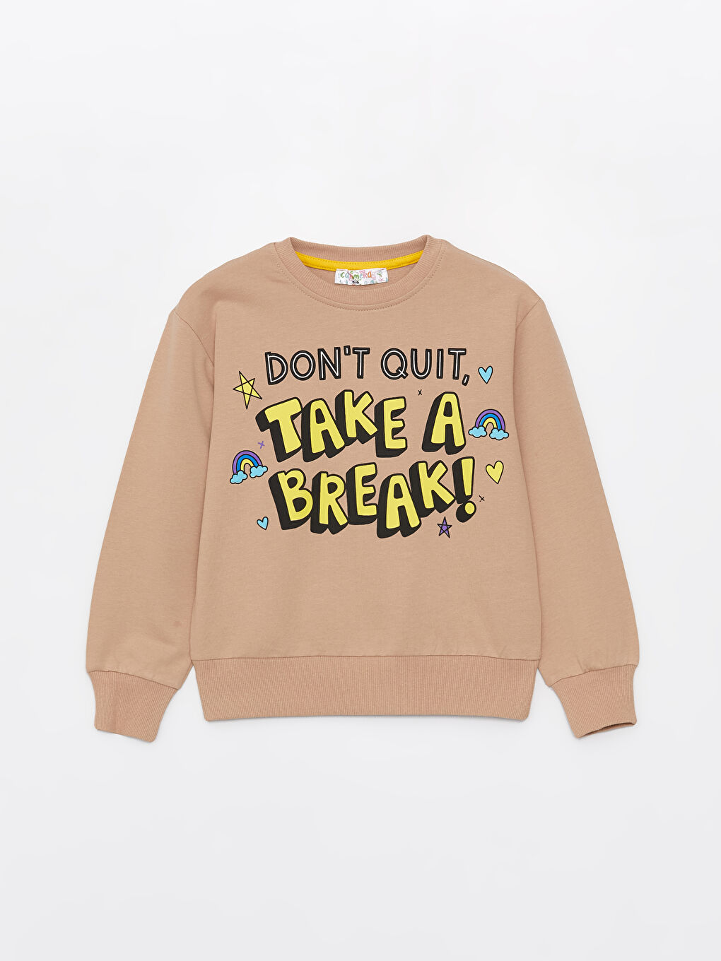 Calimera Kids Açık Kahve Bisiklet Yaka Baskılı Uzun Kollu Kız Çocuk Sweatshirt