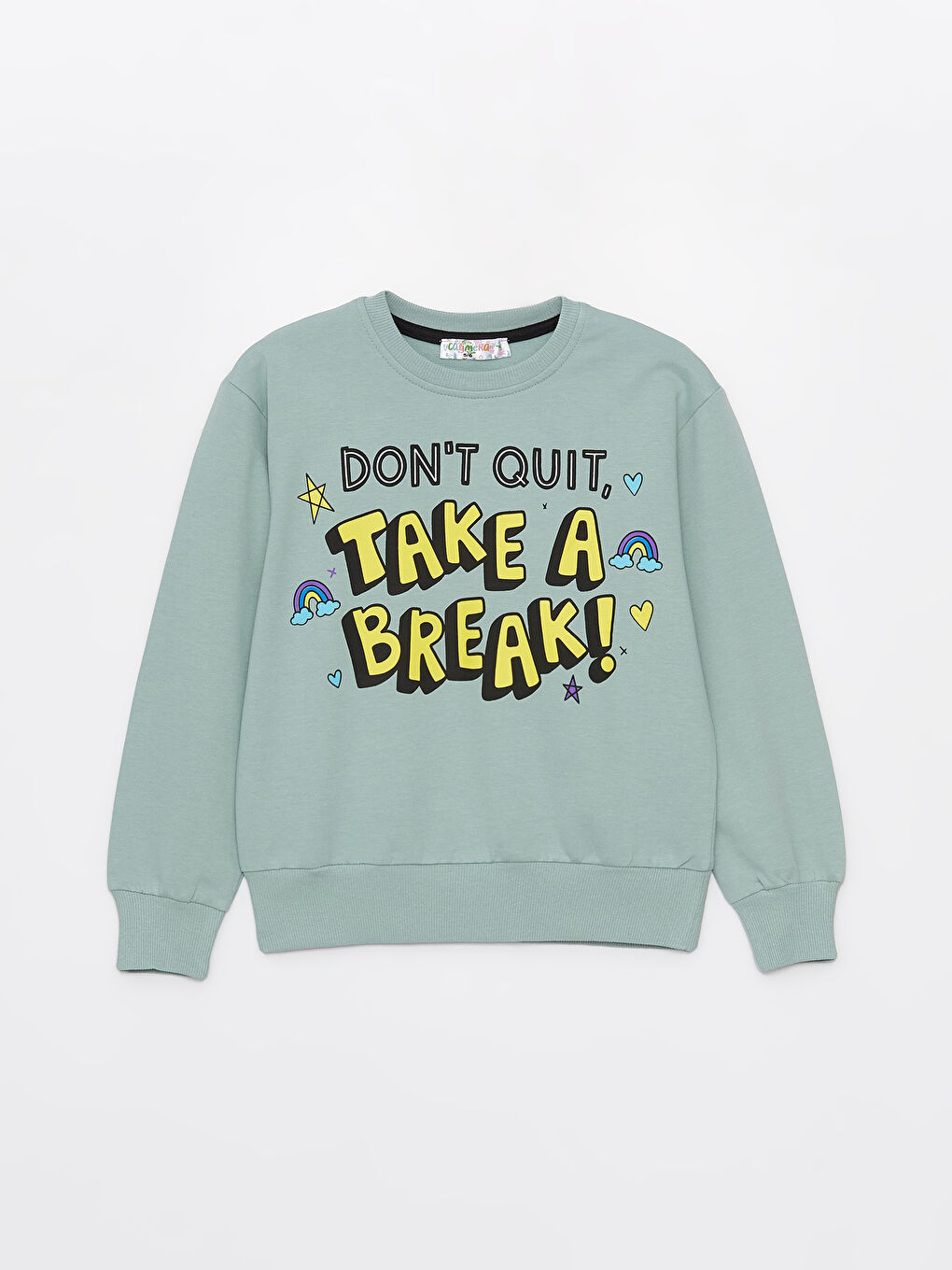 Calimera Kids Çağla Yeşili Bisiklet Yaka Baskılı Uzun Kollu Kız Çocuk Sweatshirt