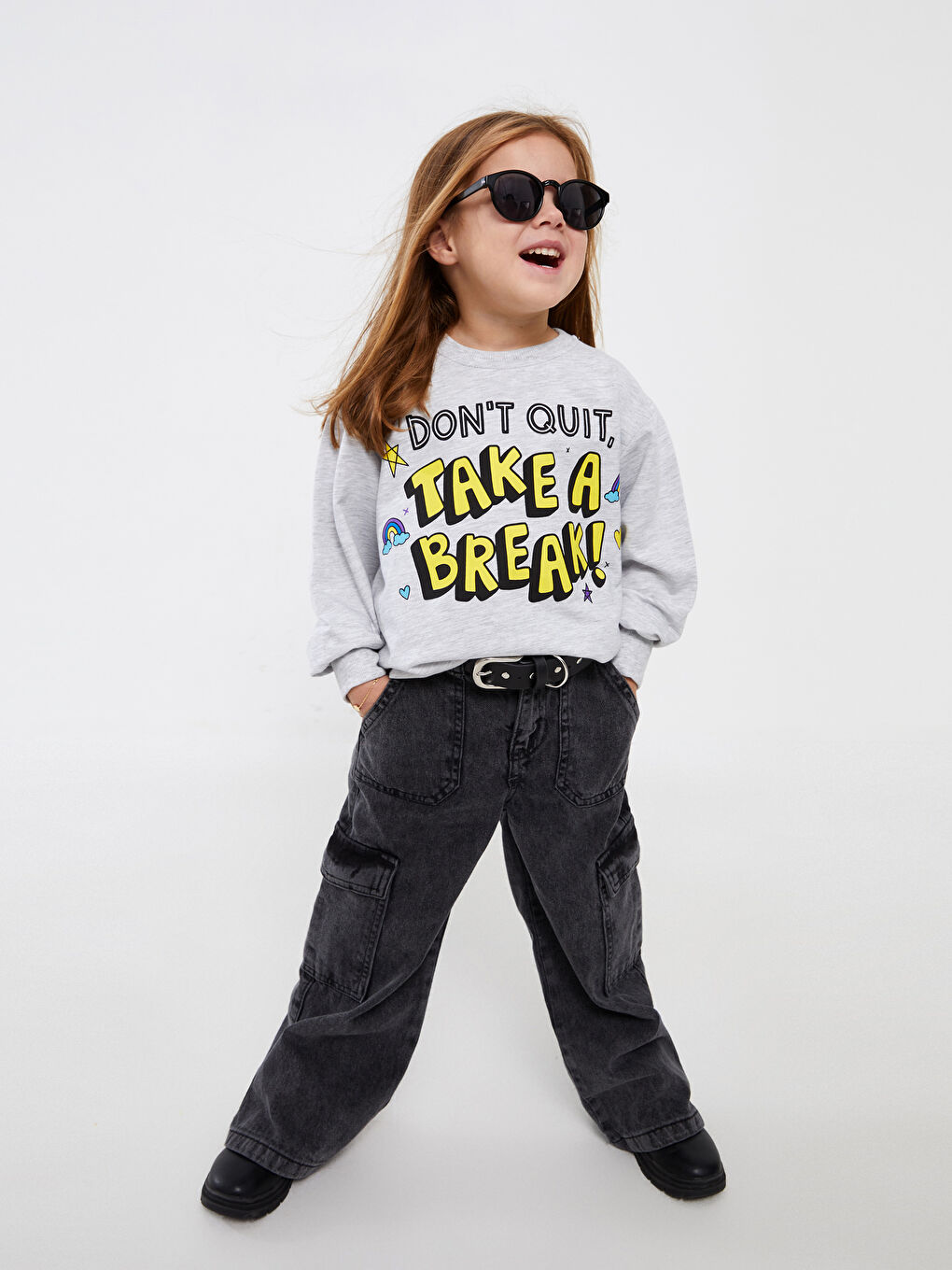 Calimera Kids Gri Melanj Bisiklet Yaka Baskılı Uzun Kollu Kız Çocuk Sweatshirt