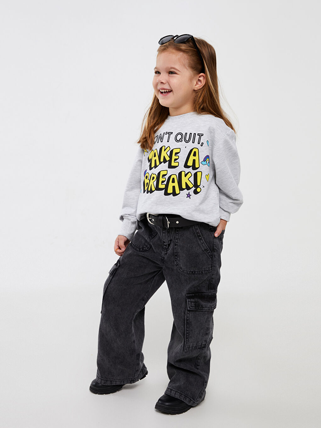 Calimera Kids Gri Melanj Bisiklet Yaka Baskılı Uzun Kollu Kız Çocuk Sweatshirt - 1