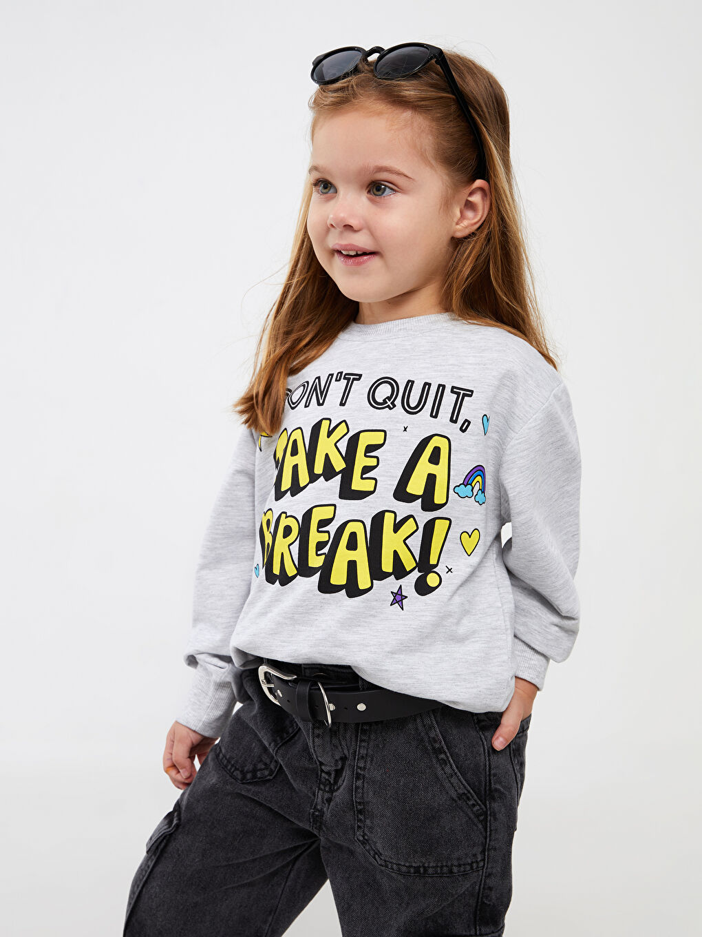 Calimera Kids Gri Melanj Bisiklet Yaka Baskılı Uzun Kollu Kız Çocuk Sweatshirt - 2