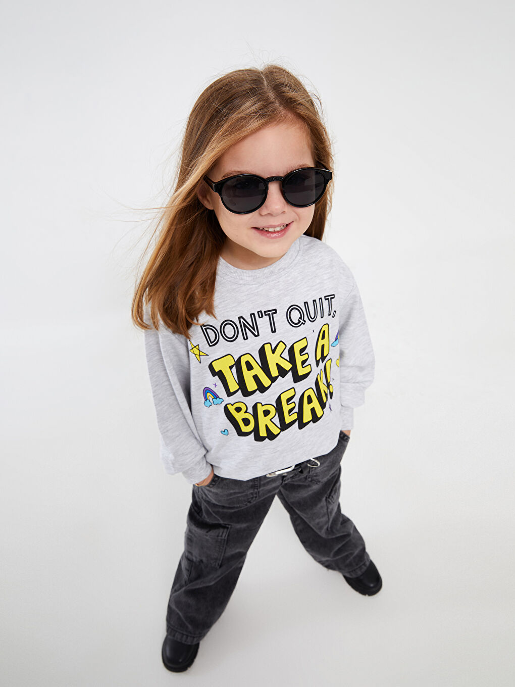 Calimera Kids Gri Melanj Bisiklet Yaka Baskılı Uzun Kollu Kız Çocuk Sweatshirt - 3