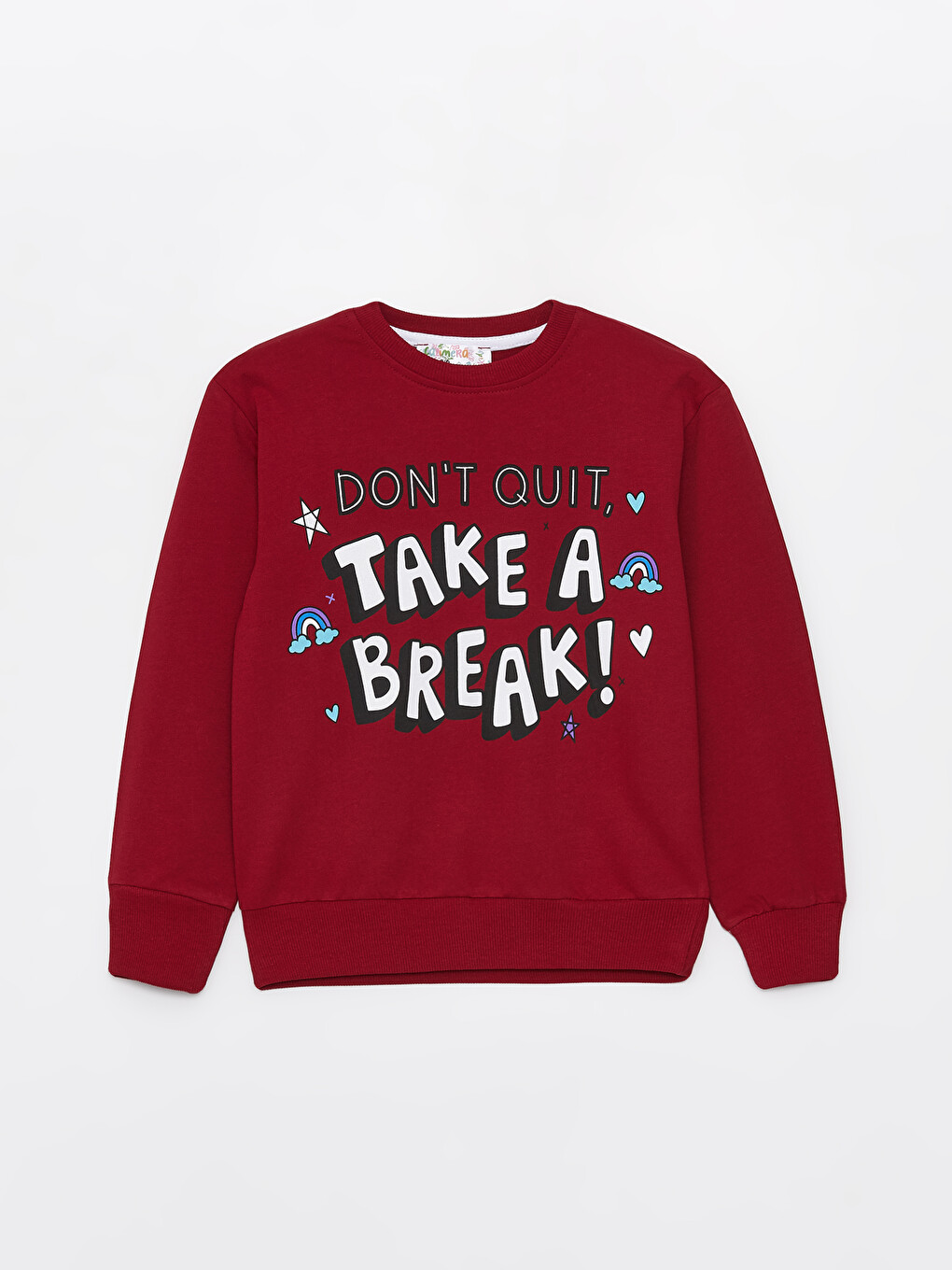 Bordo Bisiklet Yaka Baskılı Uzun Kollu Kız Çocuk Sweatshirt