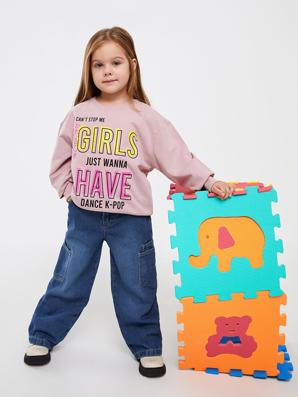 Calimera Kids Açık Gül Kurusu Bisiklet Yaka Baskılı Uzun Kollu Kız Çocuk Sweatshirt