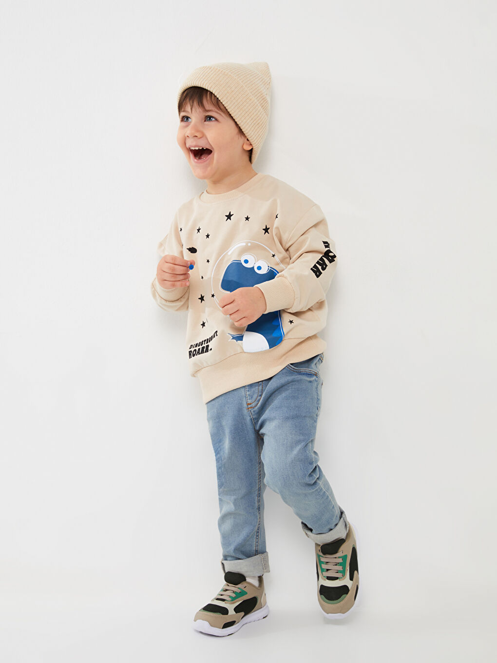 Calimera Kids Bej Bisiklet Yaka Uzun Kollu Erkek Bebek Sweatshirt - 1