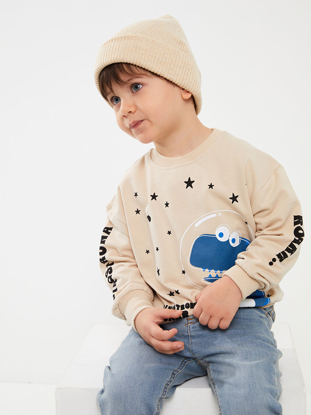 Calimera Kids Bej Bisiklet Yaka Uzun Kollu Erkek Bebek Sweatshirt - 4