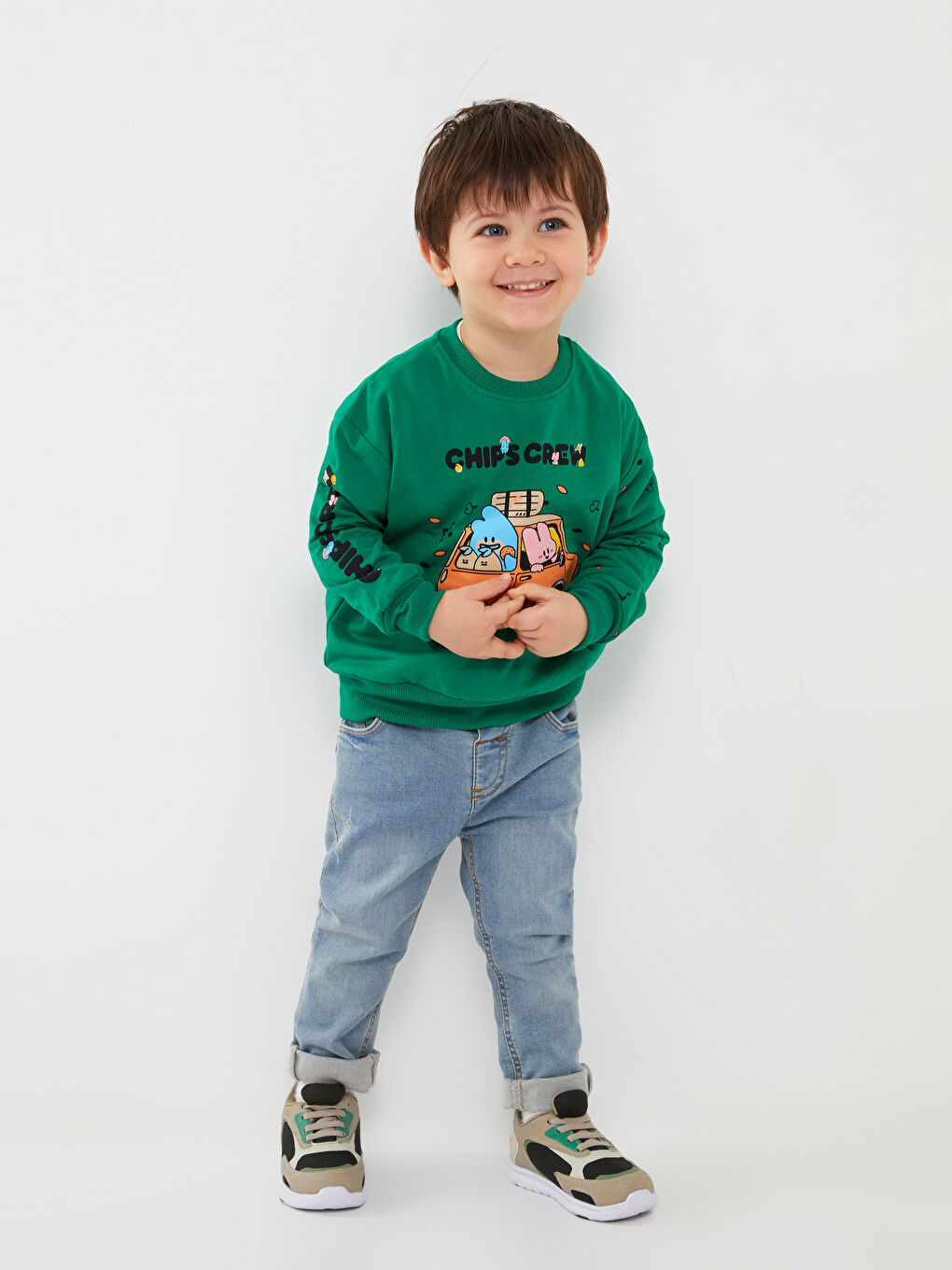 Yeşil Bisiklet Yaka Uzun Kollu Erkek Bebek Sweatshirt-1