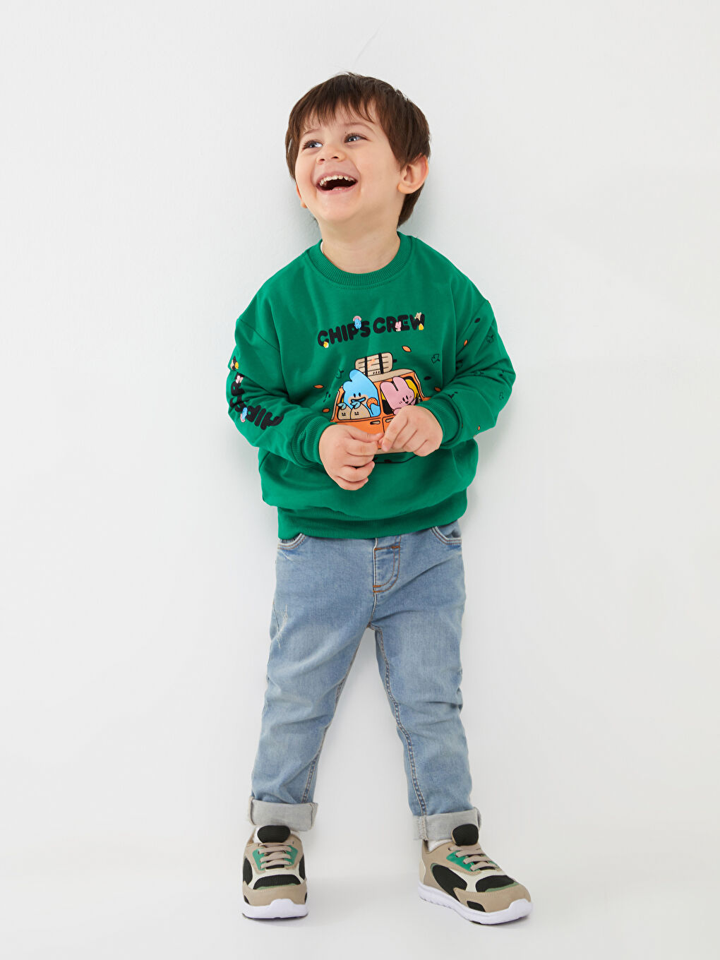 Yeşil Bisiklet Yaka Uzun Kollu Erkek Bebek Sweatshirt-2