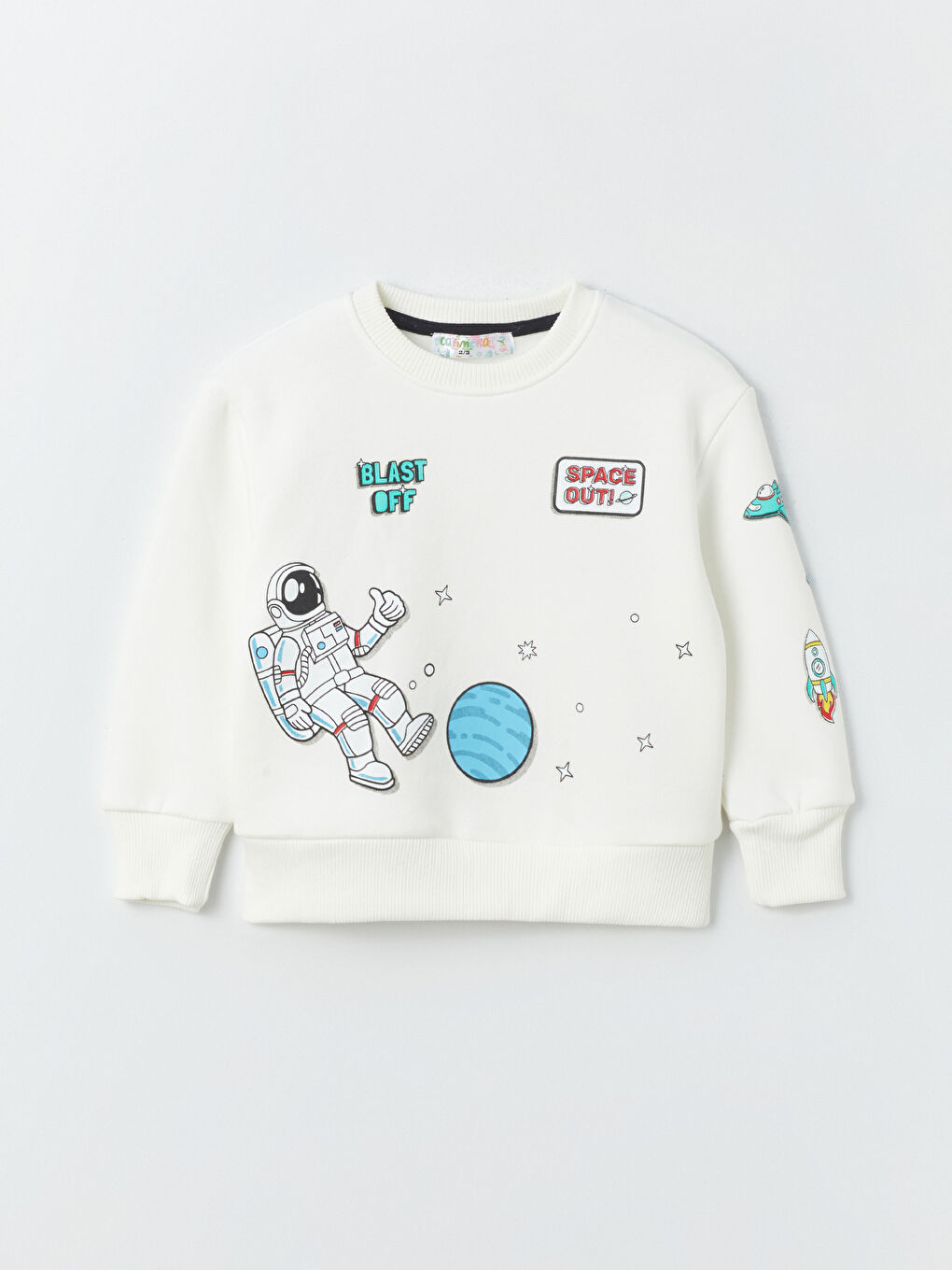 Ekru Bisiklet Yaka Uzun Kollu Baskılı Erkek Bebek Sweatshirt-2