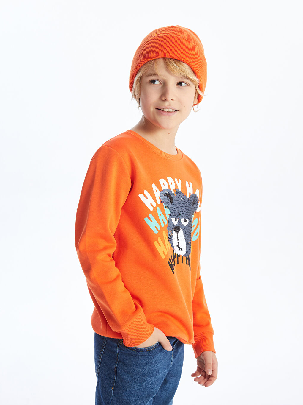 LCW Kids Canlı Turuncu Bisiklet Yaka Baskılı Çift Yönlü Payetli Uzun Kollu Erkek Çocuk Sweatshirt