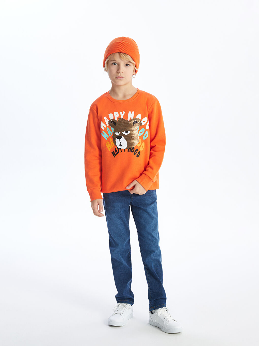 LCW Kids Canlı Turuncu Bisiklet Yaka Baskılı Çift Yönlü Payetli Uzun Kollu Erkek Çocuk Sweatshirt - 1