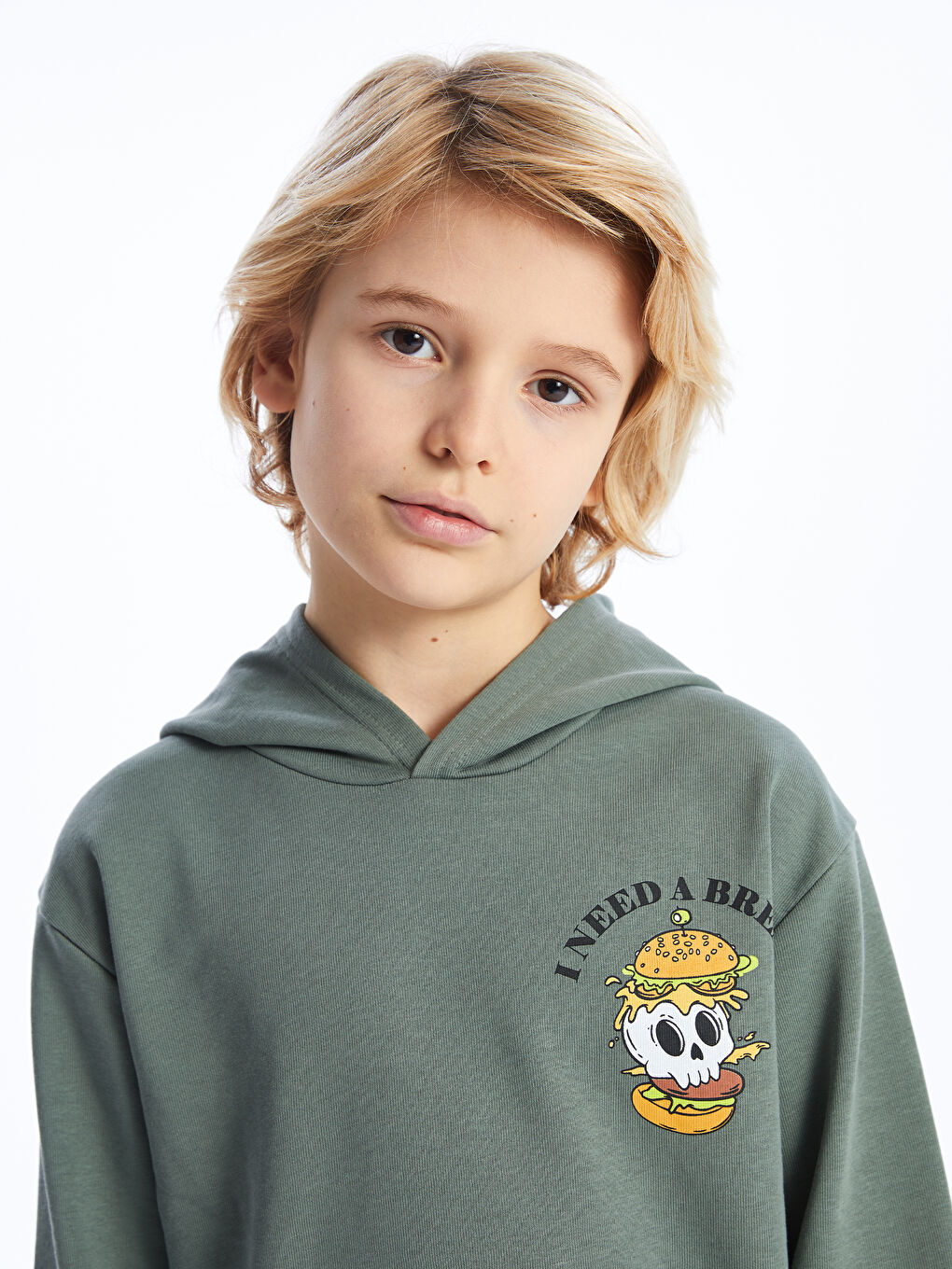 LCW Kids Haki H12 Baskılı Uzun Kollu Erkek Çocuk Hoodie - 1