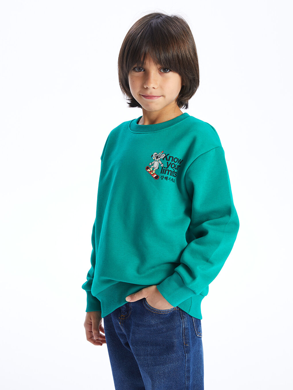 LCW Kids Zümrüt Yeşili Rahat Kalıp Bisiklet Yaka Baskılı Erkek Çocuk Sweatshirt - 1