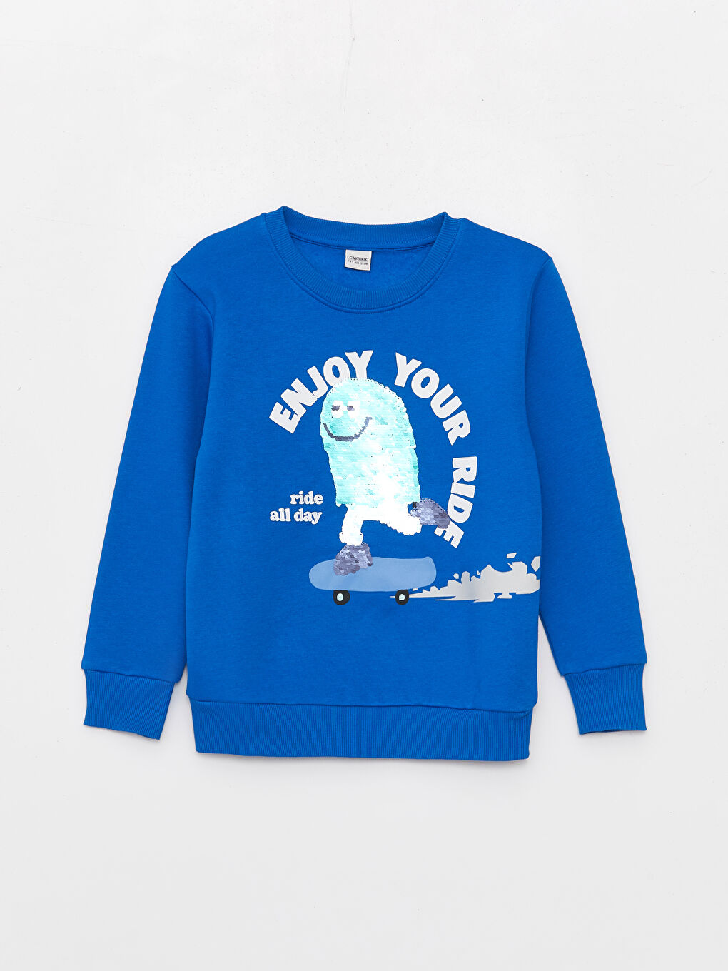 LCW Kids Koyu Mavi Bisiklet Yaka Baskılı Çift Yönlü Payetli Uzun Kollu Erkek Çocuk Sweatshirt - 1