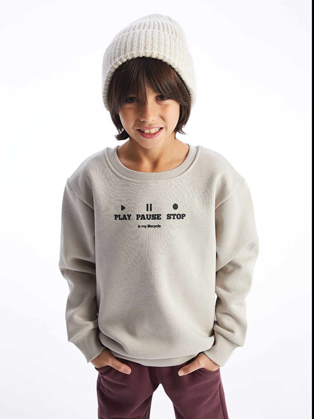 LCW Kids Bej Rahat Kalıp Bisiklet Yaka Baskılı Erkek Çocuk Sweatshirt - 2