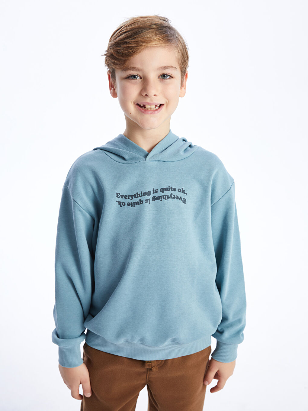 LCW Kids Mat Mavi Baskılı Uzun Kollu Erkek Çocuk Hoodie