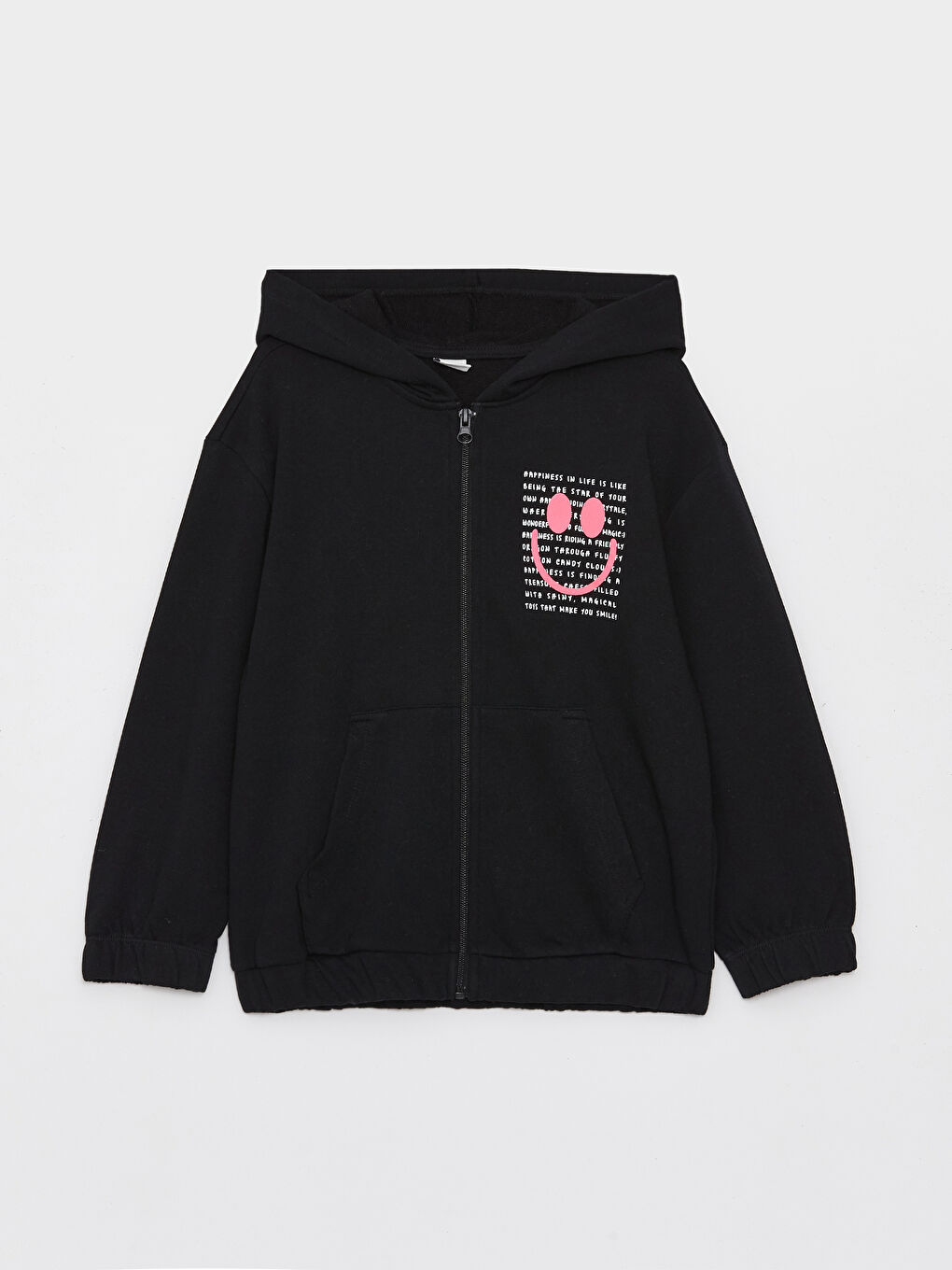 LCW Kids Yeni Siyah Kapüşonlu Baskılı Uzun Kollu Kız Çocuk Fermuarlı Sweatshirt