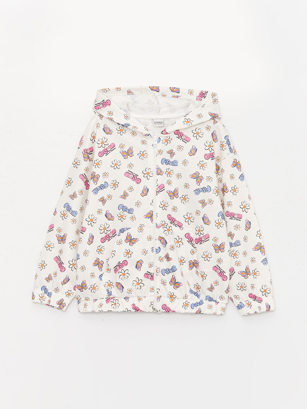 Ekru Kapüşonlu Baskılı Uzun Kollu Kız Çocuk Fermuarlı Sweatshirt