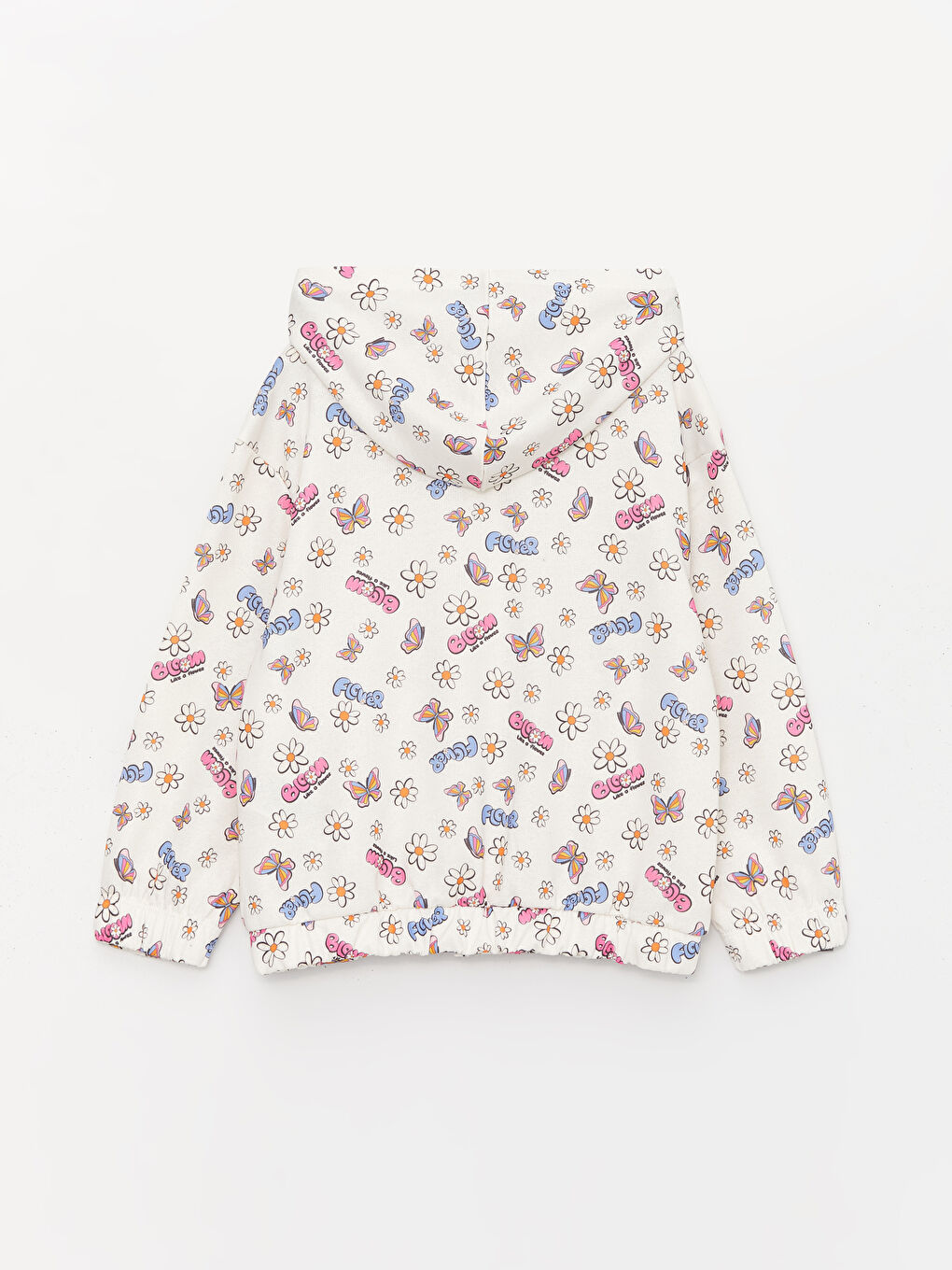 Ekru Kapüşonlu Baskılı Uzun Kollu Kız Çocuk Fermuarlı Sweatshirt-1