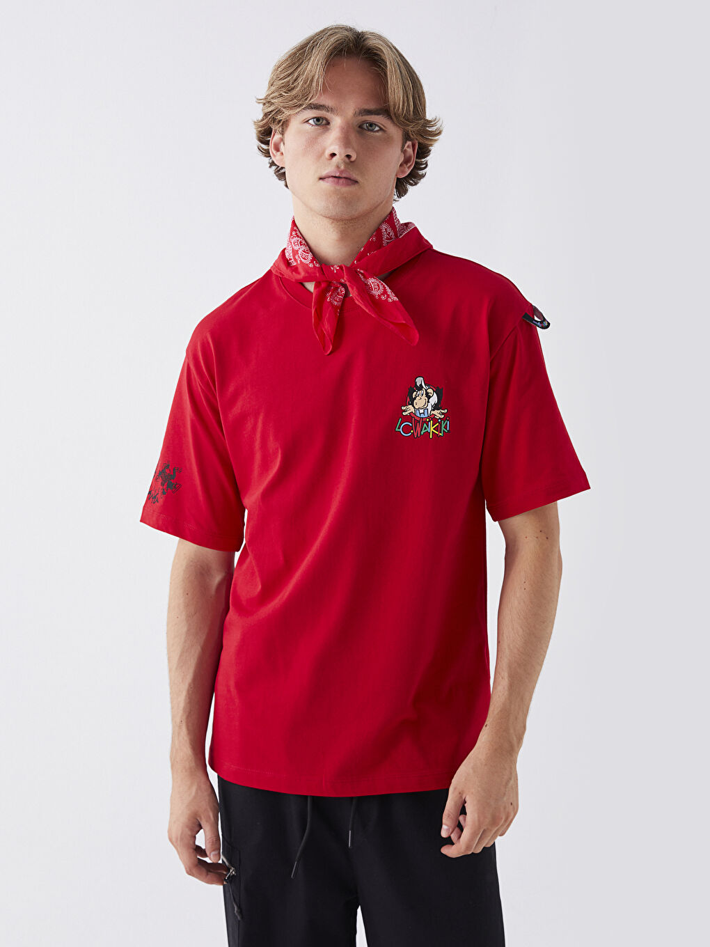 Kırmızı Bisiklet Yaka Kısa Kollu Nostaljik Maymun Baskılı Penye Unisex Tişört-7