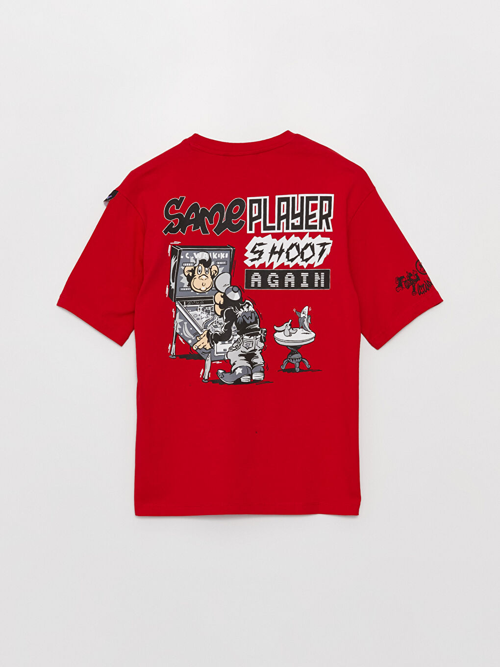 Kırmızı Bisiklet Yaka Kısa Kollu Nostaljik Maymun Baskılı Penye Unisex Tişört-11