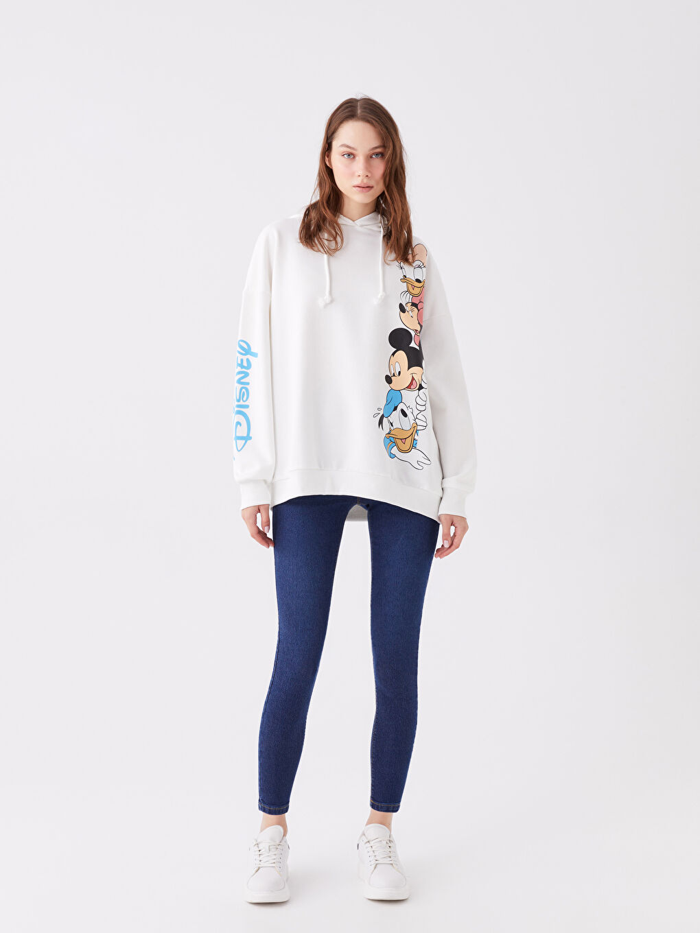 Ekru Mickey ve Arkadaşları Baskılı Uzun Kollu Oversize Kadın Hoodie-2