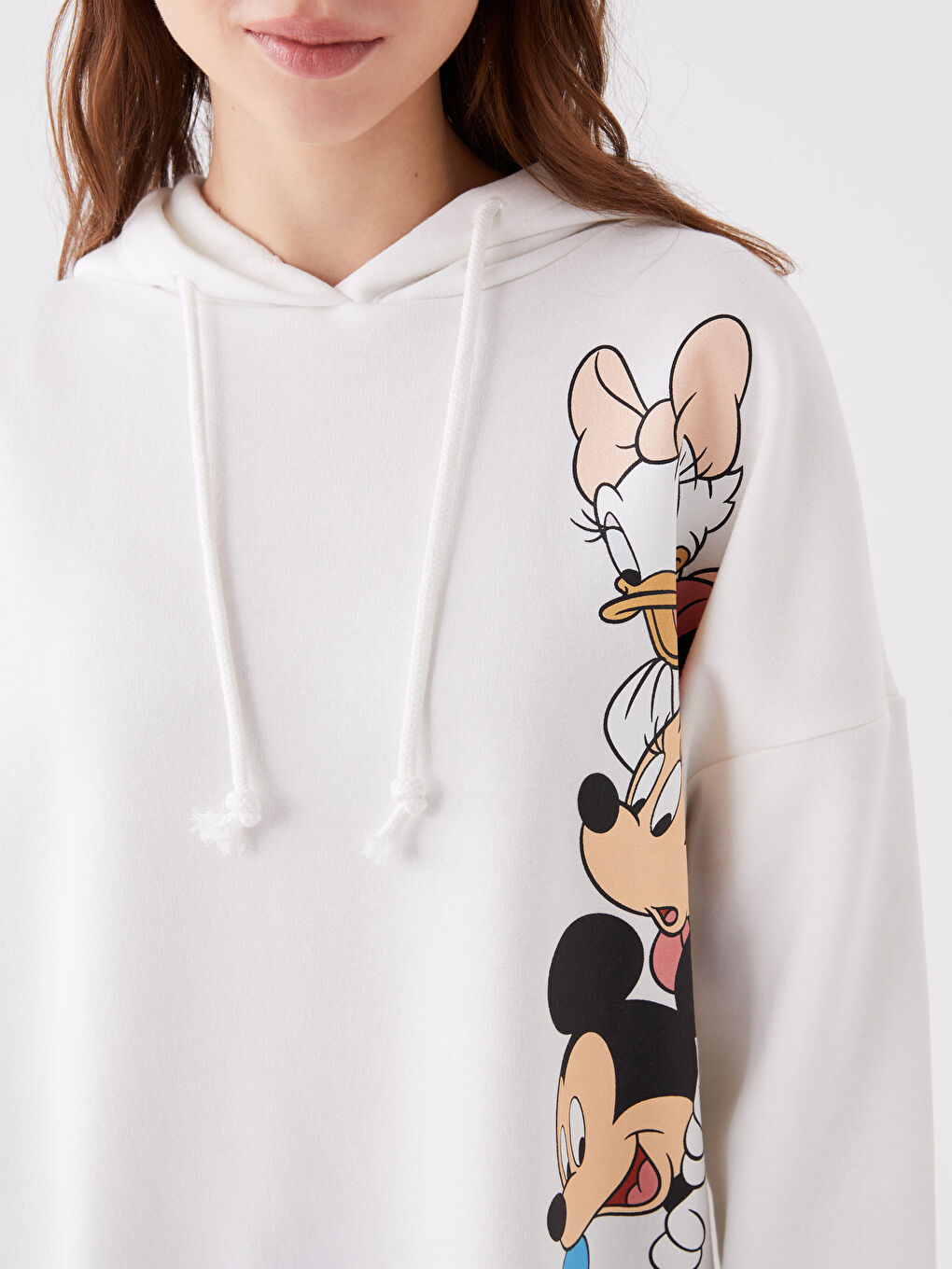 Ekru Mickey ve Arkadaşları Baskılı Uzun Kollu Oversize Kadın Hoodie-3