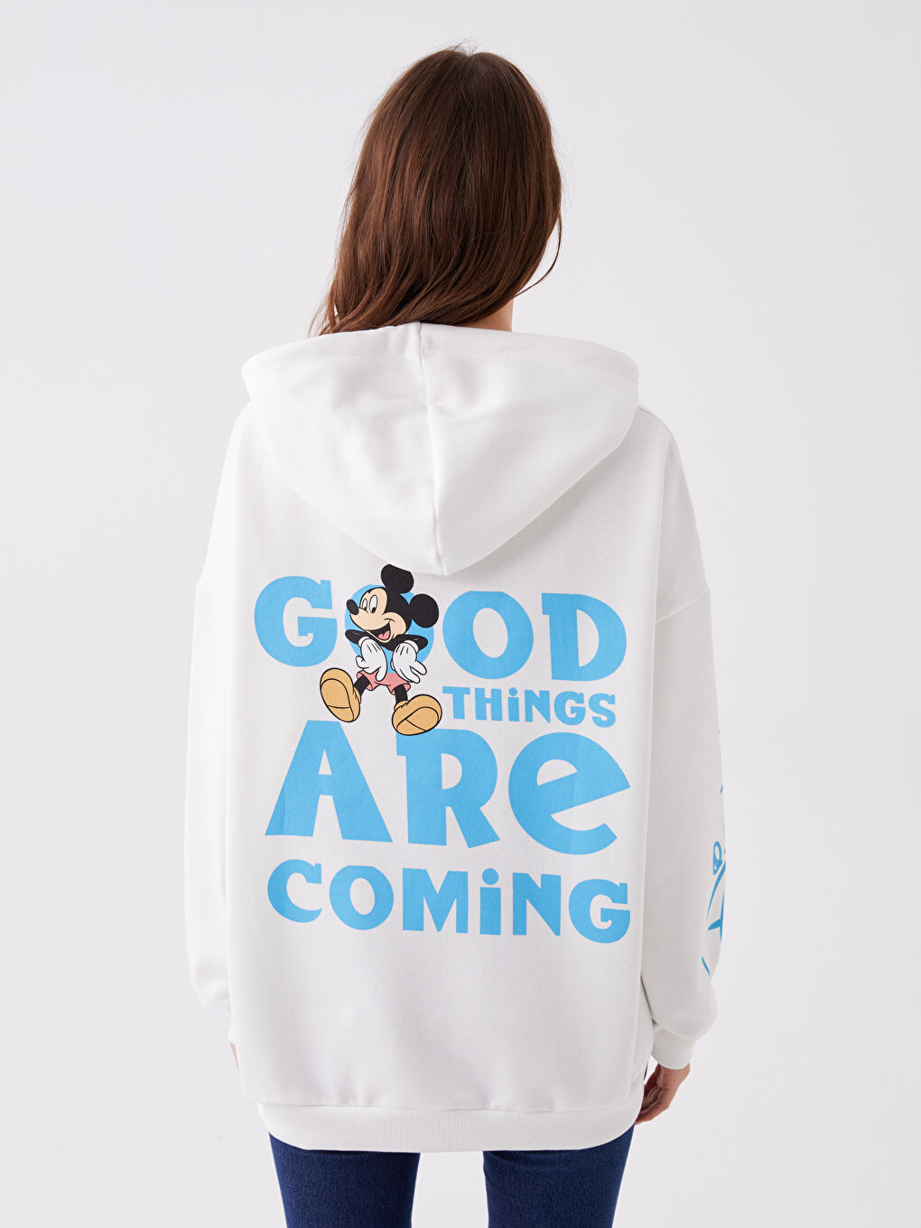 Ekru Mickey ve Arkadaşları Baskılı Uzun Kollu Oversize Kadın Hoodie-4