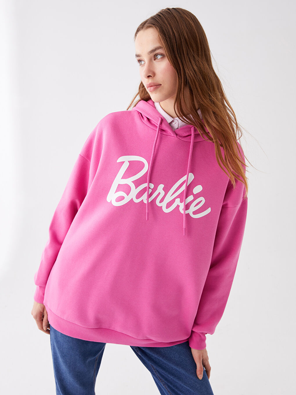 Pembe Barbie Baskılı Uzun Kollu Oversize Kadın Hoodie-1