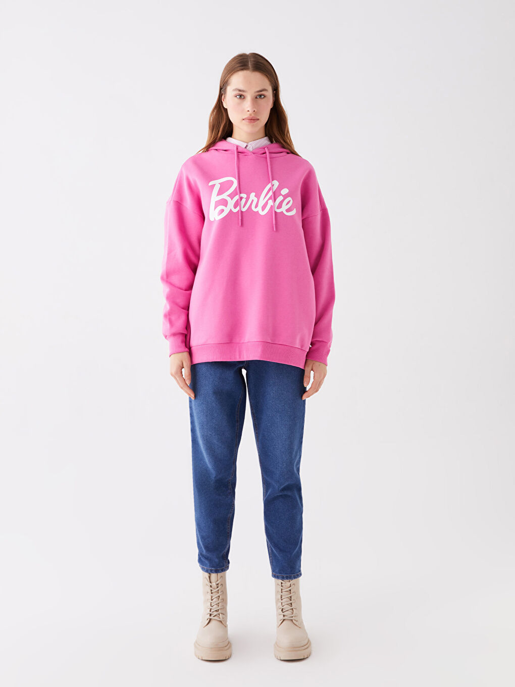 Pembe Barbie Baskılı Uzun Kollu Oversize Kadın Hoodie-2