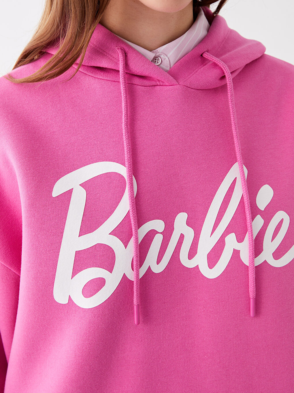 Pembe Barbie Baskılı Uzun Kollu Oversize Kadın Hoodie-3