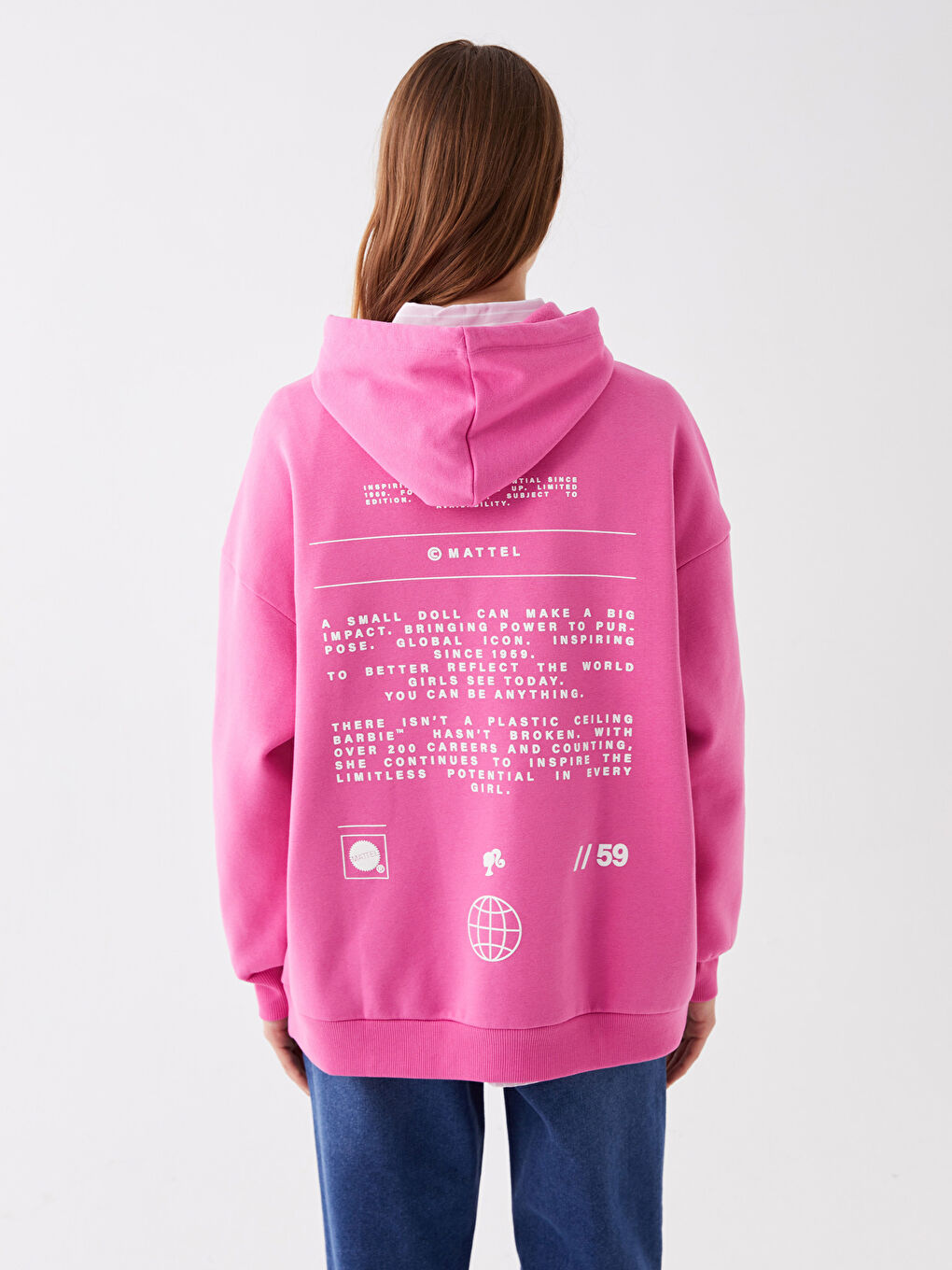 Pembe Barbie Baskılı Uzun Kollu Oversize Kadın Hoodie-4
