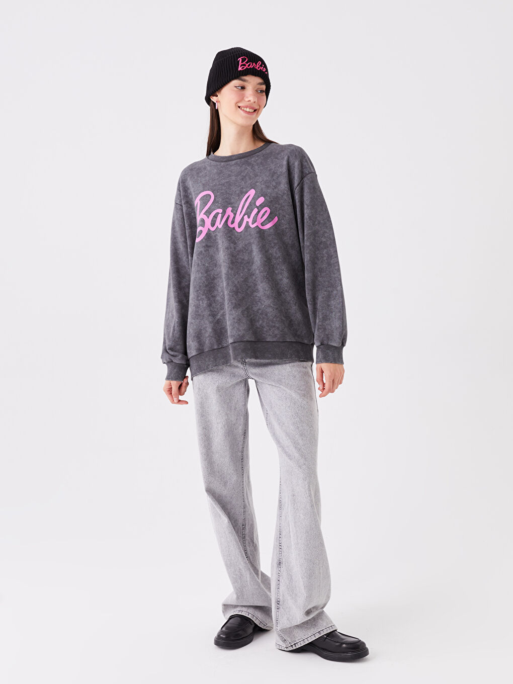 LCW Vision Antrasit Bisiklet Yaka Barbie Baskılı Uzun Kollu Oversize Kadın Sweatshirt - 2