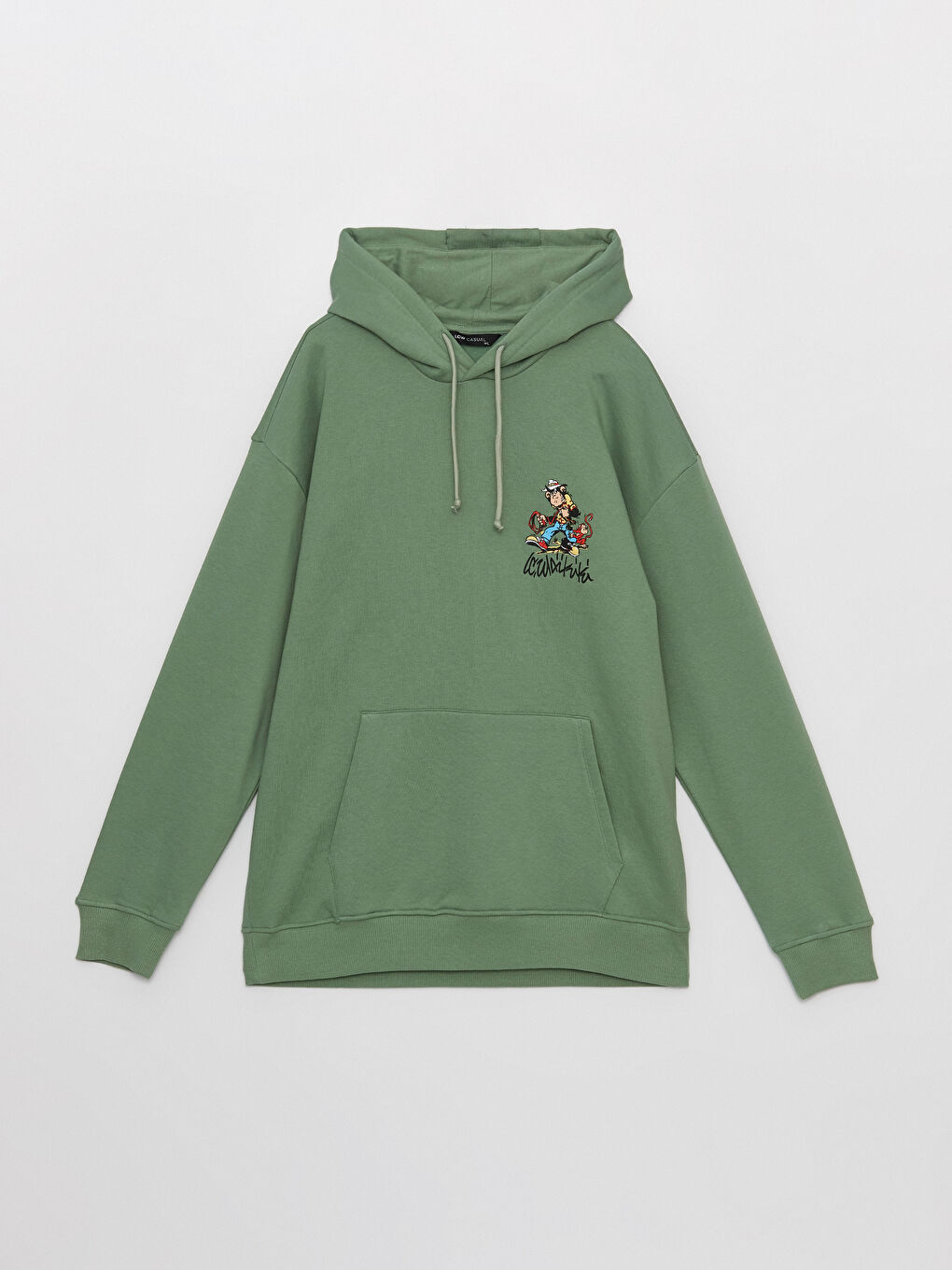 LCW Casual Mat Yeşil Uzun Kollu Nostaljik Maymun Baskılı Erkek Hoodie - 3