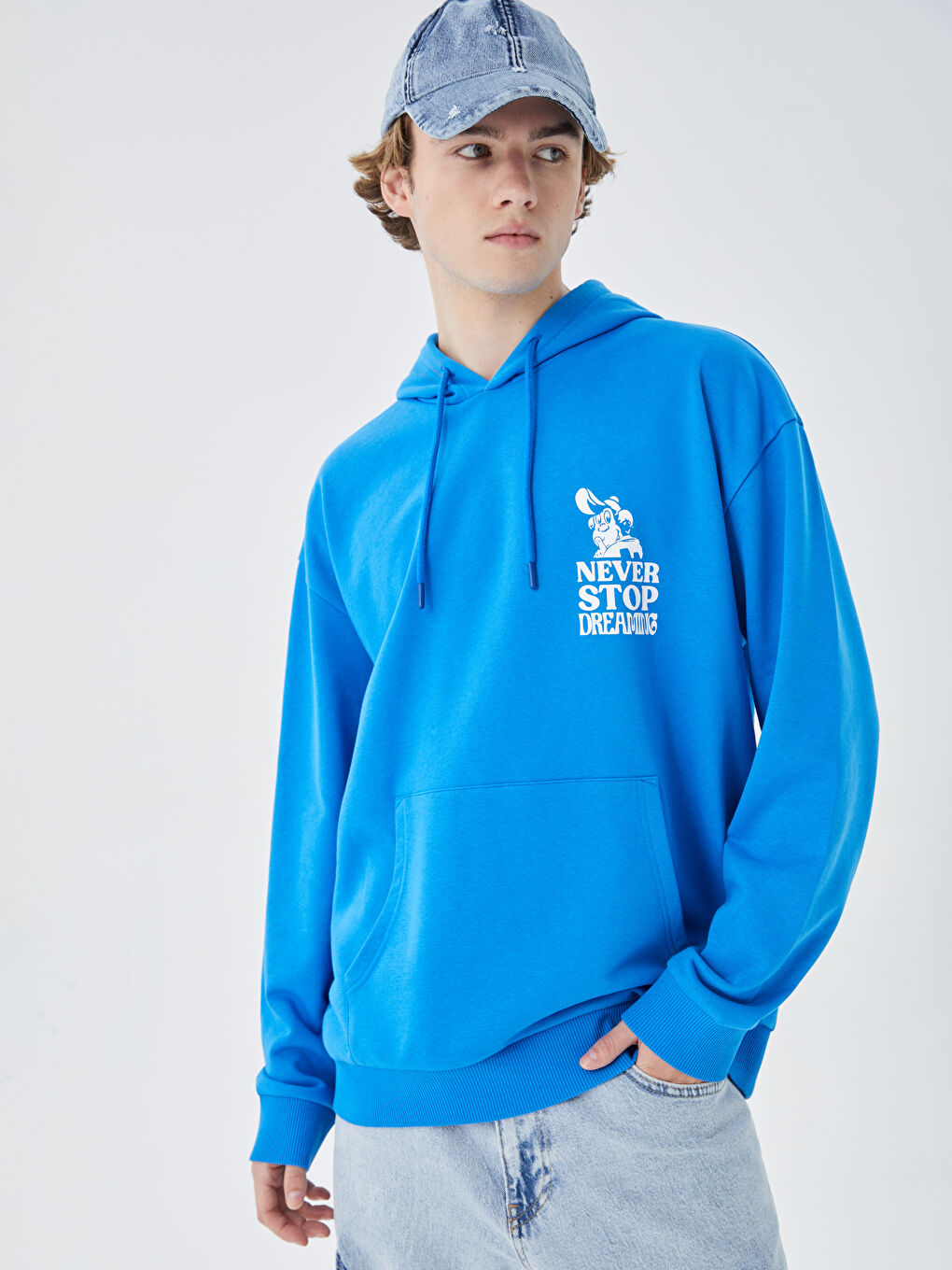 LCW Casual Mavi Uzun Kollu Nostaljik Maymun Baskılı Unisex Hoodie - 2