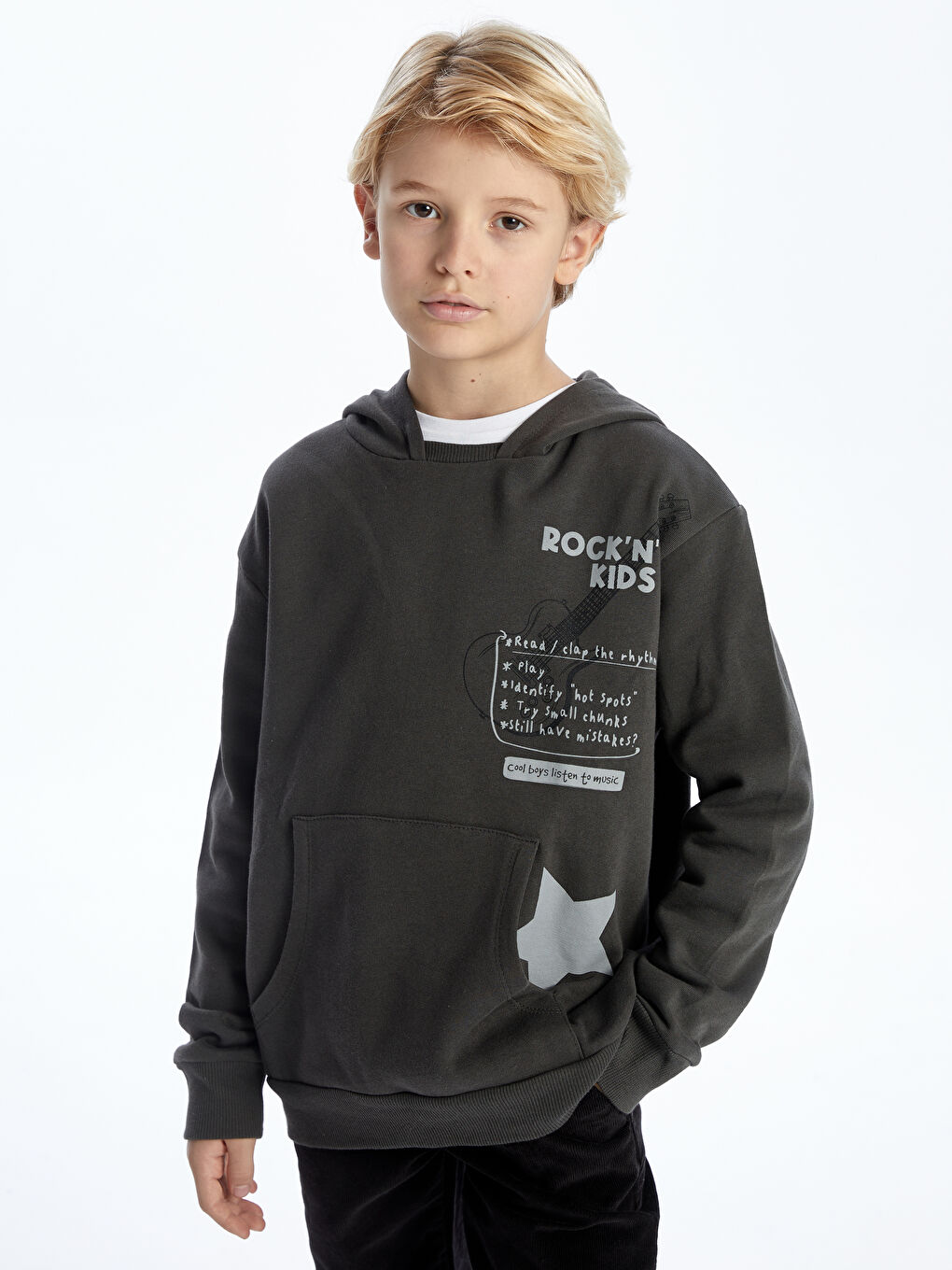 LCW Kids Antrasit Rahat Kalıp Baskılı Erkek Çocuk Hoodie - 1