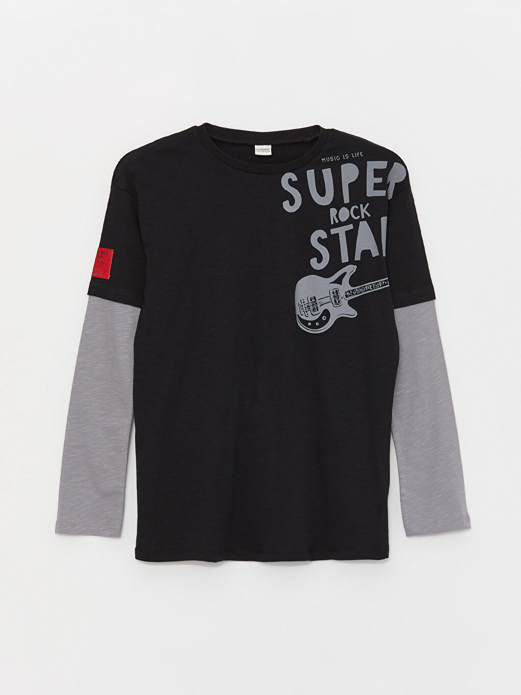 Siyah Bisiklet Yaka Baskılı Uzun Kollu Erkek Çocuk Tişört