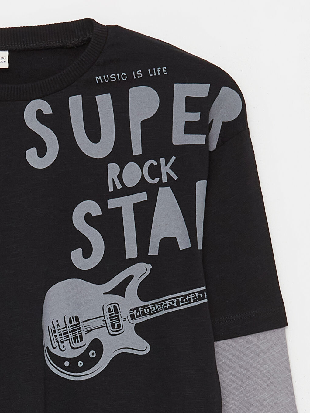 Siyah Bisiklet Yaka Baskılı Uzun Kollu Erkek Çocuk Tişört-1