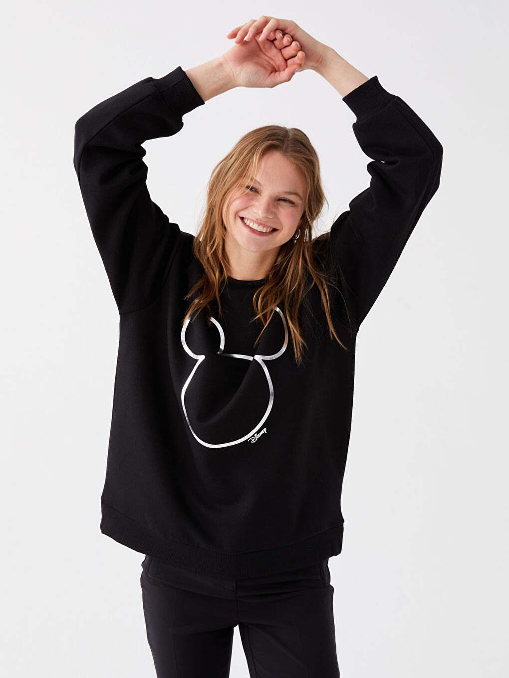 Siyah Bisiklet Yaka Mickey Mouse Baskılı Uzun Kollu Kadın Sweatshirt-2