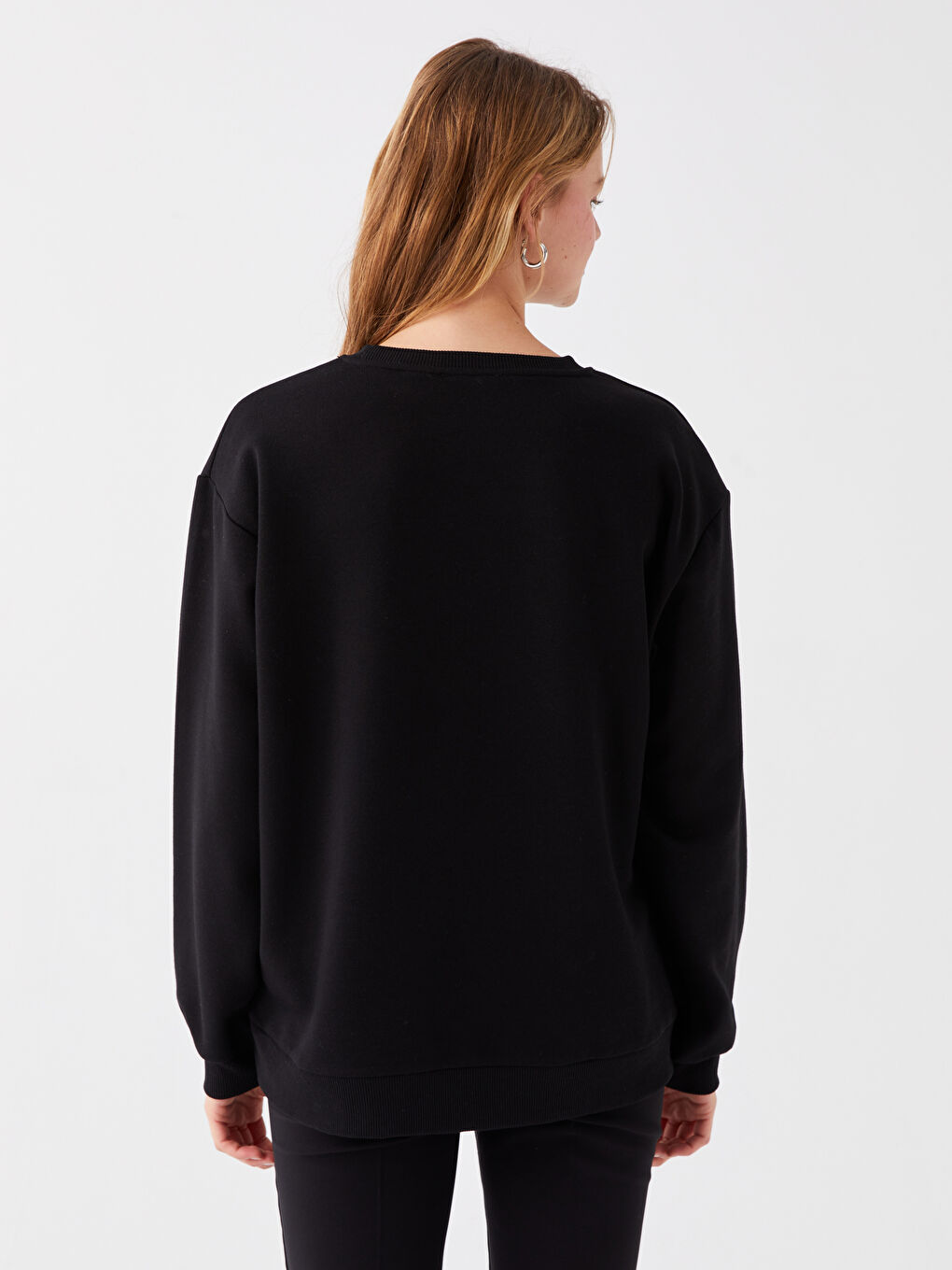 Siyah Bisiklet Yaka Mickey Mouse Baskılı Uzun Kollu Kadın Sweatshirt-4