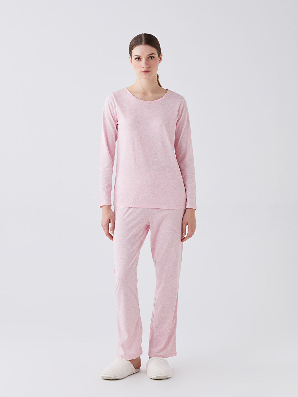 Pembe Bisiklet Yaka Düz Uzun Kollu Kadın Pijama Takımı